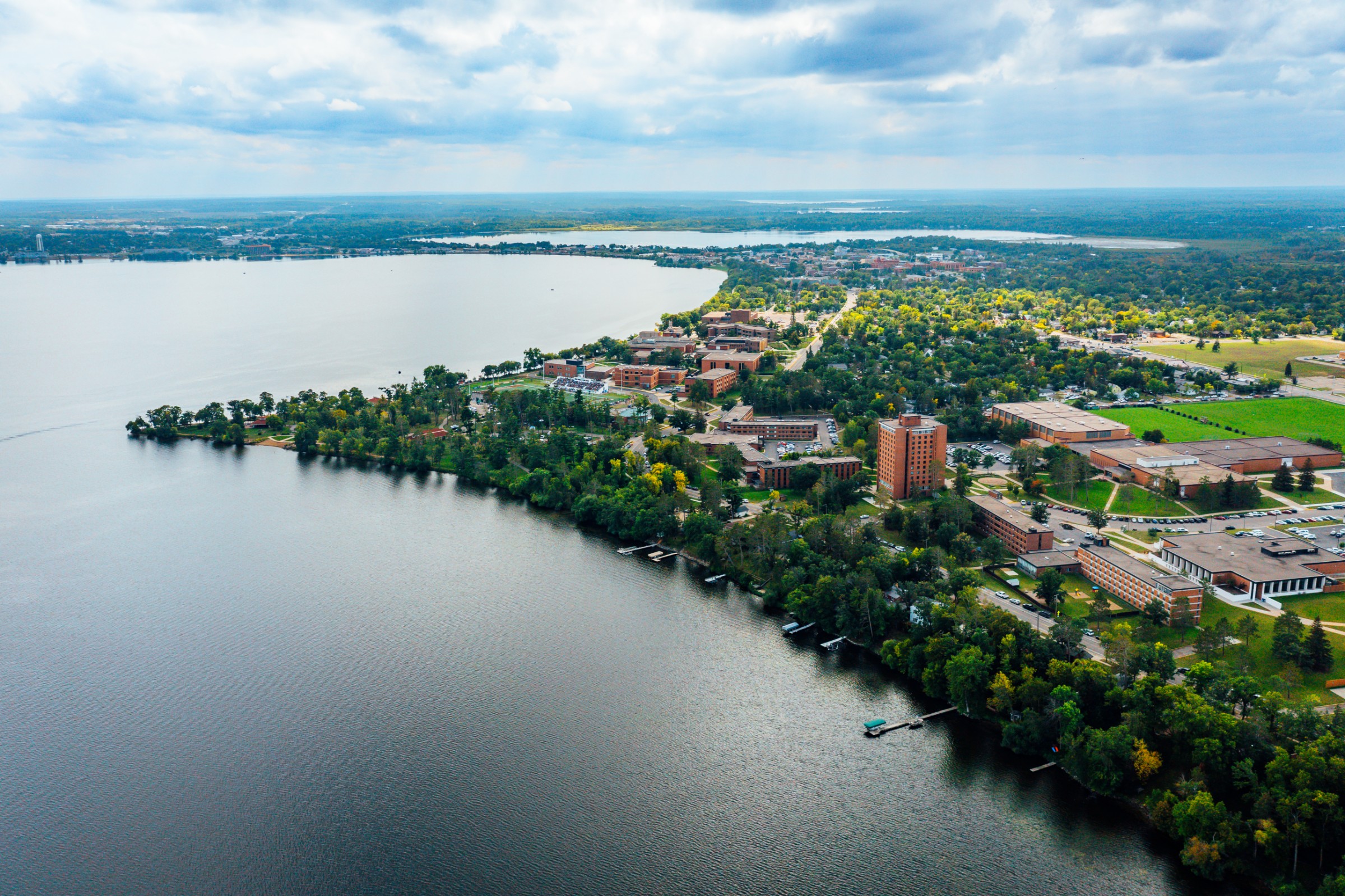 Bemidji State University and Lake Bemidji viewed from above