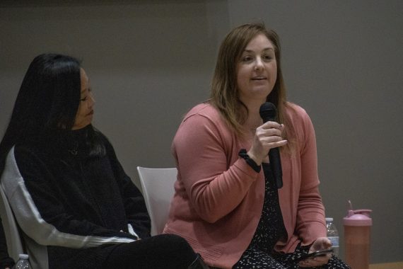 Left to right: Dr. Joy Hoffman and Hannah Wilson speak at the women in the workforce panel on March 28
