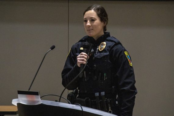 Rachel Kniss, police officer for the Bemidji Police Department, speaks during the Women in the Workforce panel.