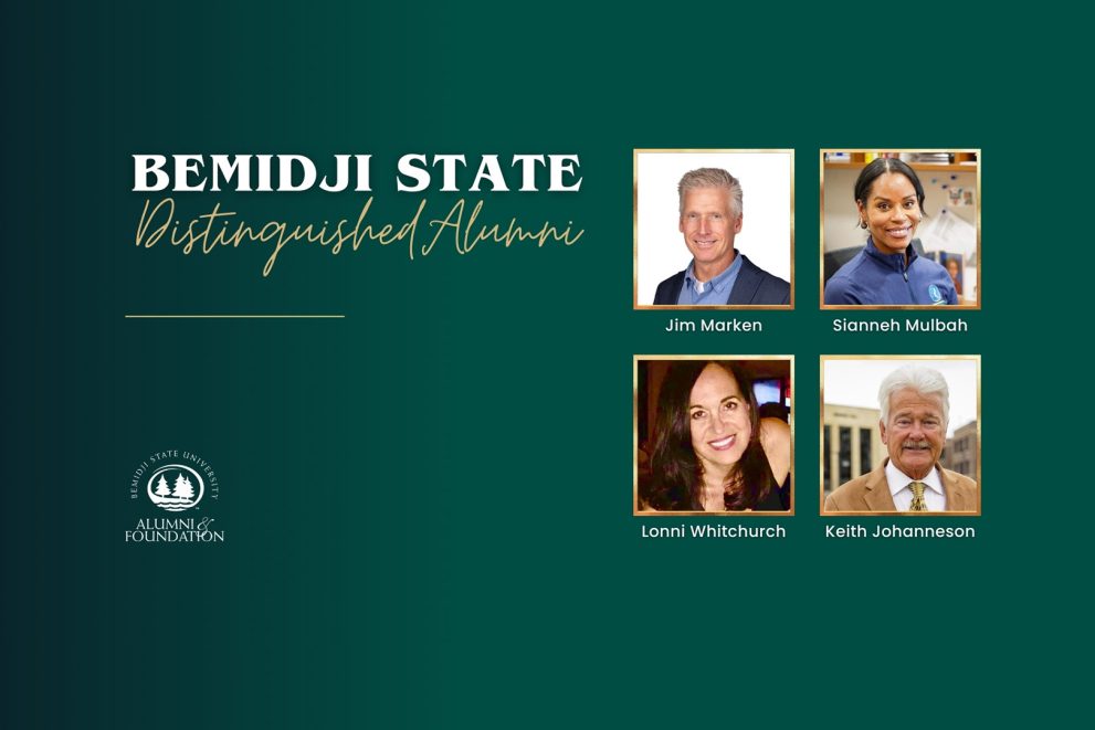A designed graphic that includes photos of Jim Marken, Sianneh Mulbah, Lonni Whitchurch and Keith Johanneson. The graphic reads "Bemidji State Distinguished Alumni"