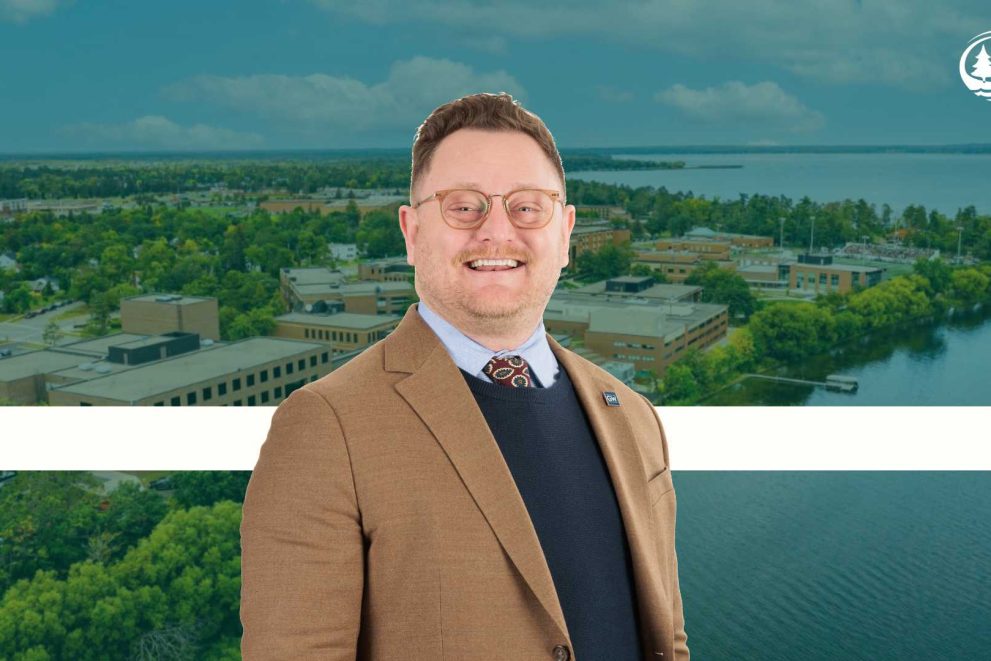 A portrait of Kevin Stensberg cut out and superimposed over a green-tinted aerial photo of the BSU campus