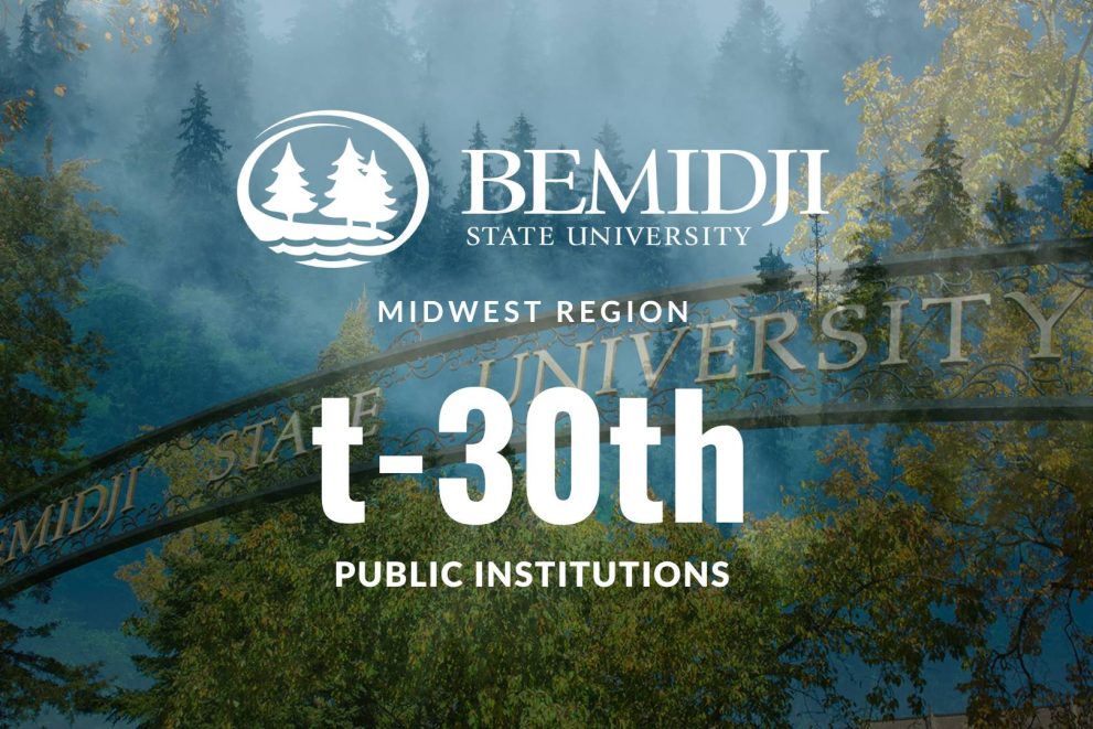 A photo illustration of BSU's alumni arch against a background of a pine forest. The image includes BSU's logo and the text "Midwest Region t-30th Public Institutions"