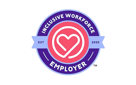 a red heart logo inside a purple circle with the text "Inclusive Workforce Employer, est. 2020"