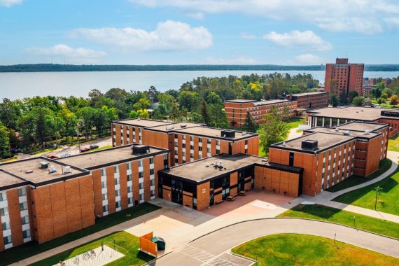 A view of Oak Hall from above. This includes a lobby in the middle with A, B, & C wing connecting