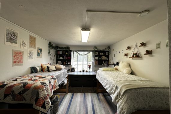 Oak Hall double room from the hallway door with two unlofted beds