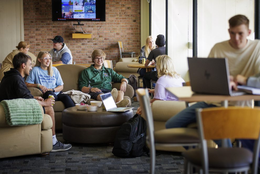 A group of students sitting in the Tamarack 12th floor lounge talking with each other.